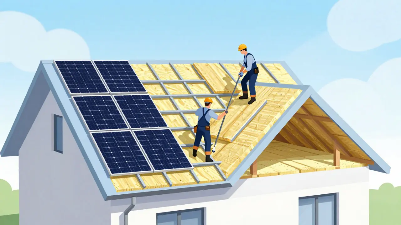 Querschnitt einer Dachsanierung mit neuer Dämmung und Solarpanelen