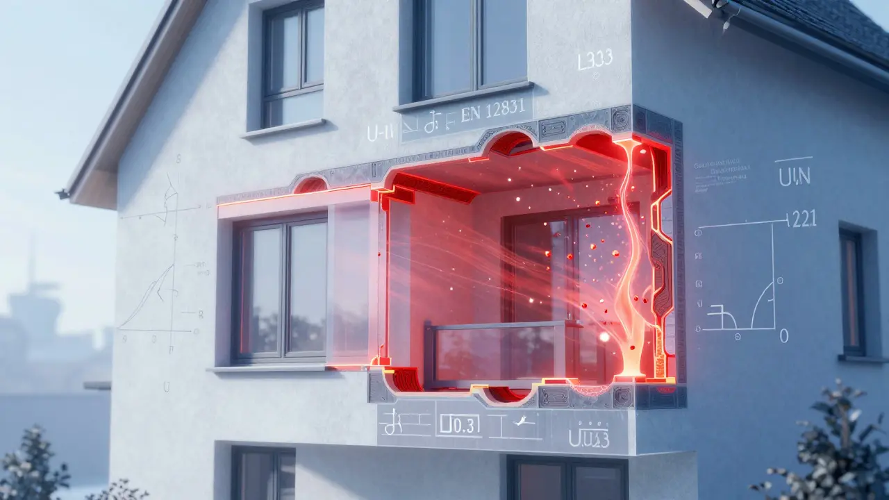 Schnittmodell eines Hauses mit visualisierter Wärmeverluste und U-Werten