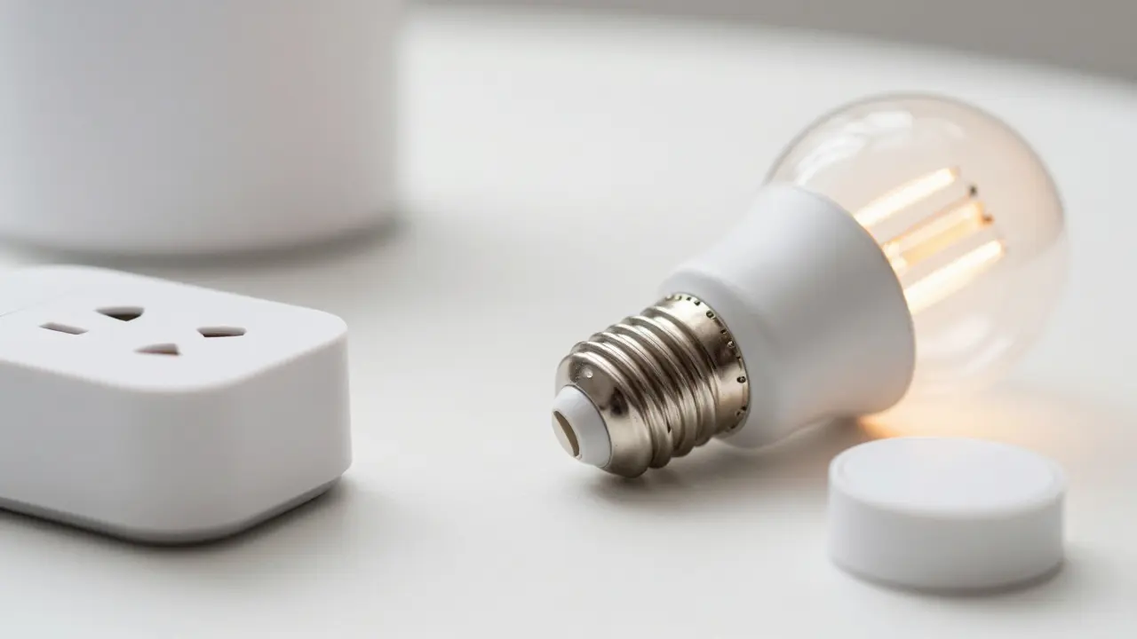 Smart-Plug und intelligente Glühbirne auf weißem Untergrund