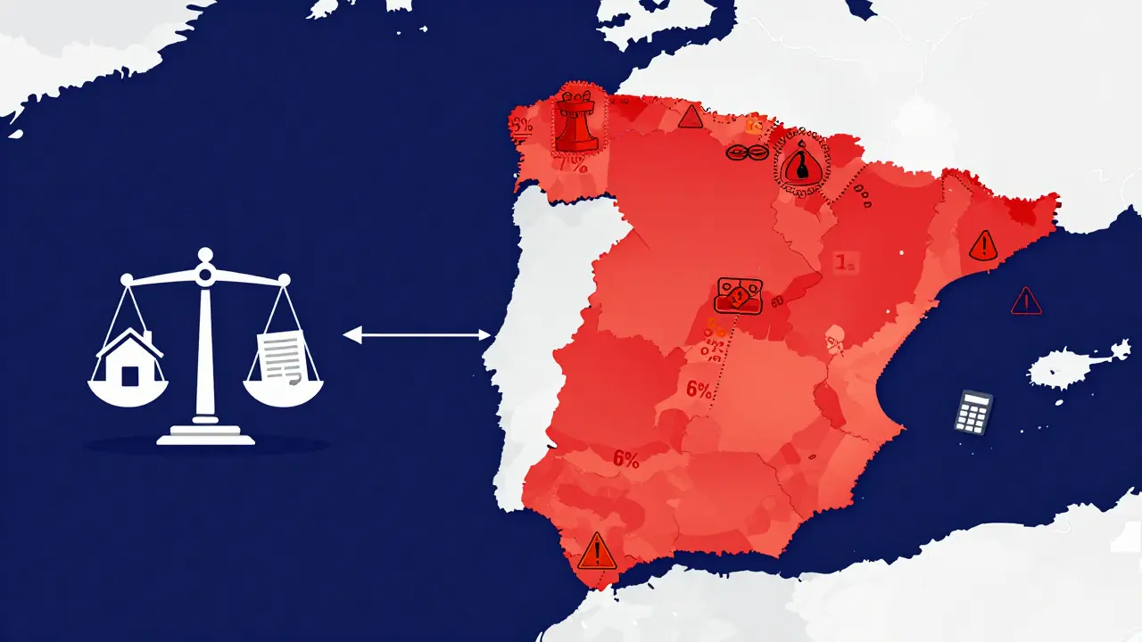 Stilisierte Karte Spaniens mit farbigen Steuersätzen und Warnsymbolen
