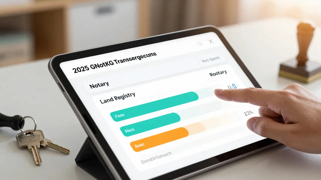 Tablet zeigt transparente Gebührenübersicht neben Hausschlüssel