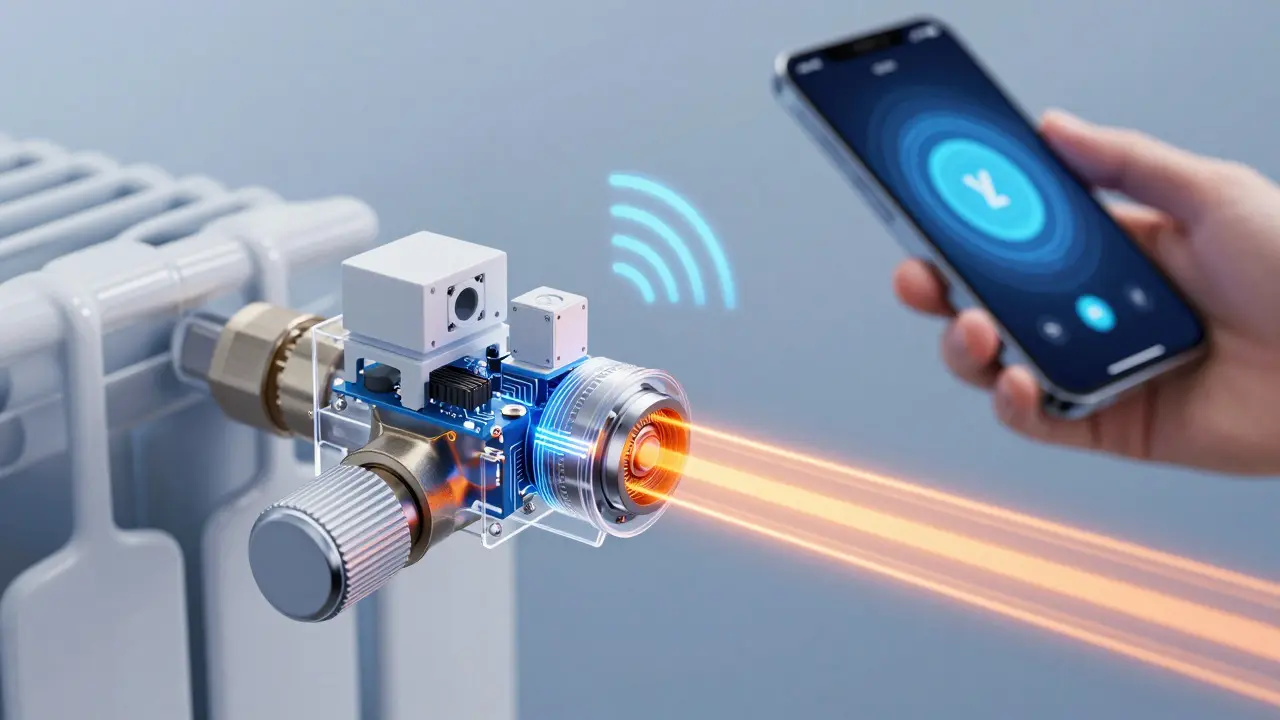 Technische Illustration eines Smart-Thermostats mit WLAN-Verbindung und Sensorik