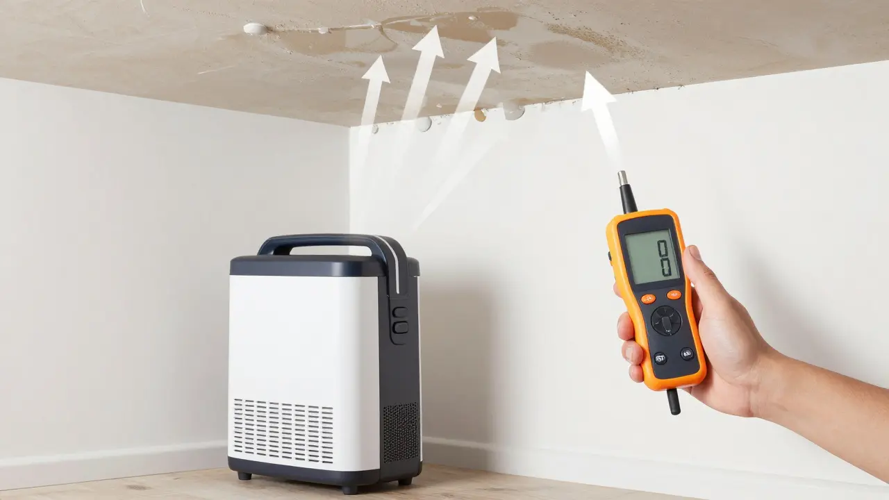 Trocknung der Decke mit Bautrockner und Feuchtigkeitsmessung