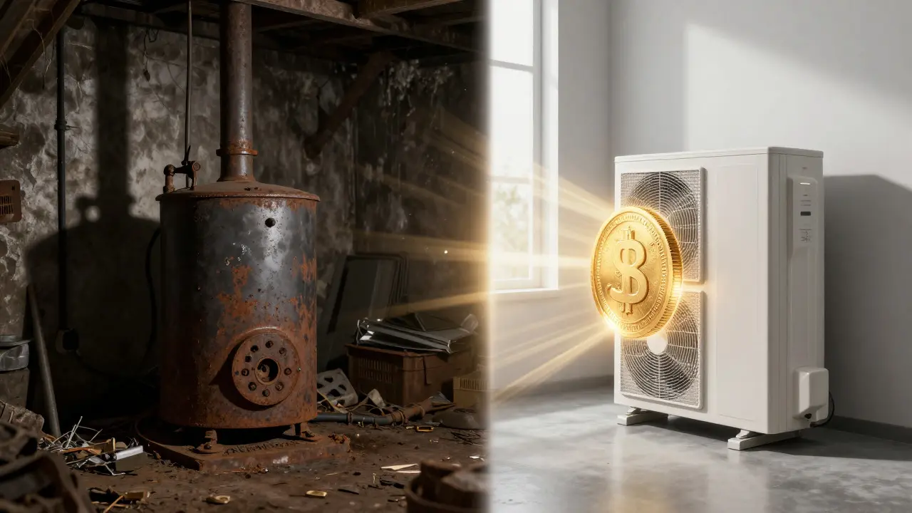 Vergleich alter Ölheizung und neuer Wärmepumpe mit Geldsymbolik