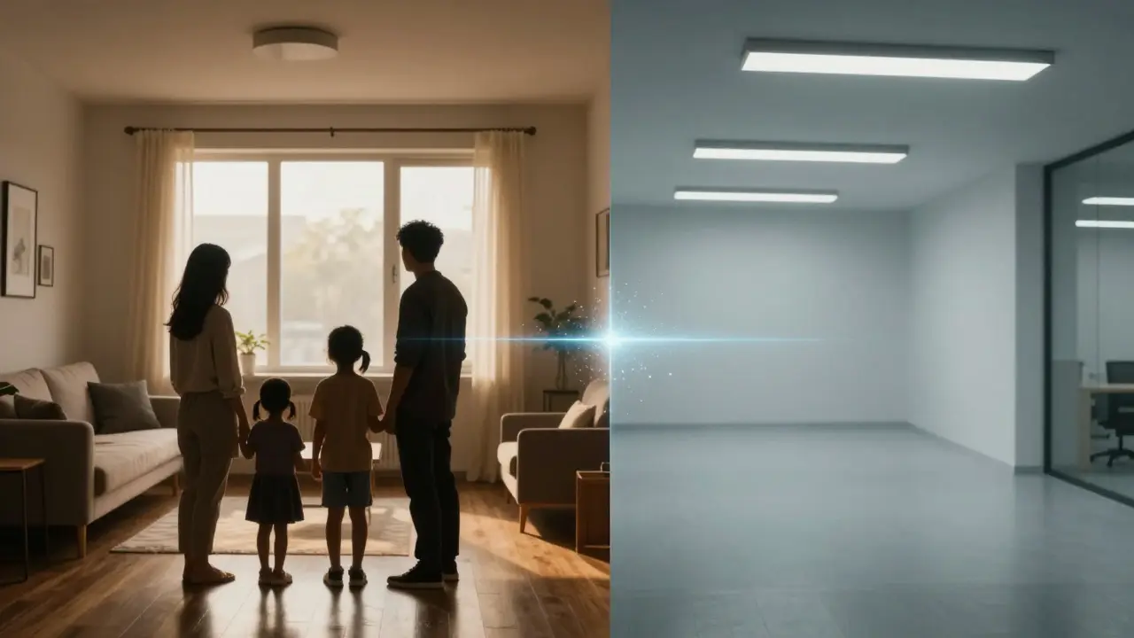 Vergleich von Wohnraum links und Gewerberaum rechts mit digitaler Trennlinie