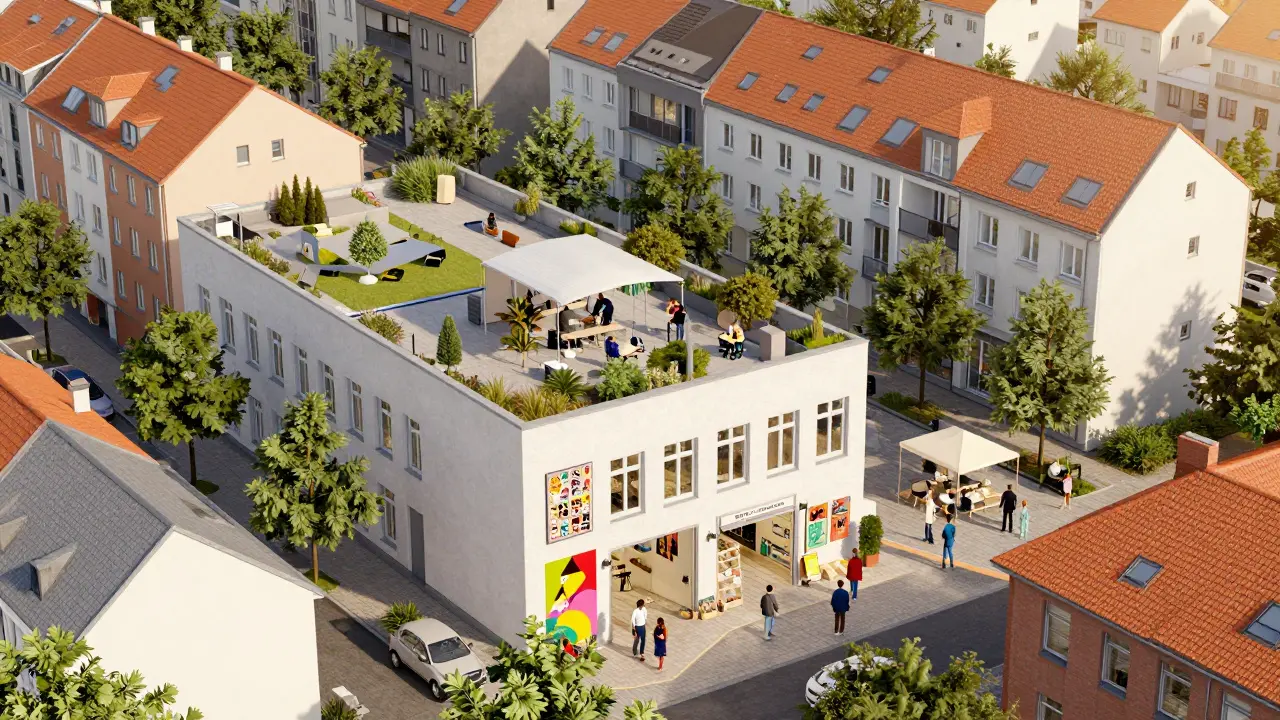 Vielfältig genutztes Gebäude mit Galerie und Büros in Stadt