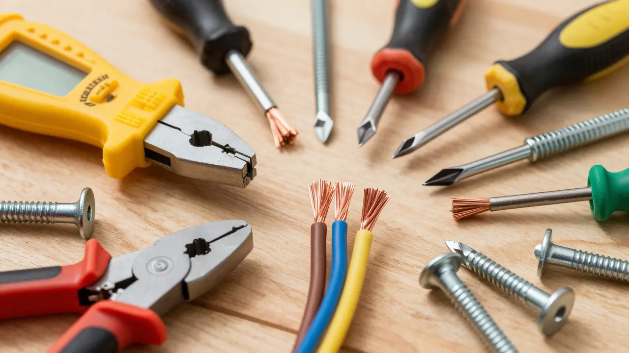 Werkzeuge und abisolierte Kabel mit korrekter Farbcodierung auf Tisch