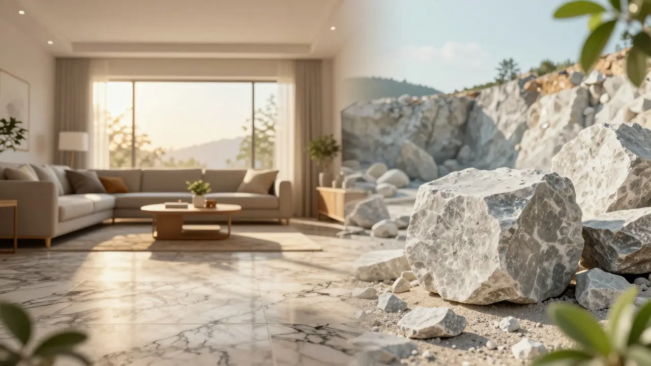 Wohnzimmer mit Granitboden und Symbolik für Nachhaltigkeit