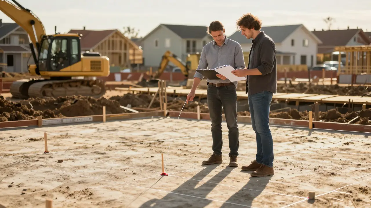 Architekt prüft Schnurgerüst auf Baustelle vor Grundsteinlegung