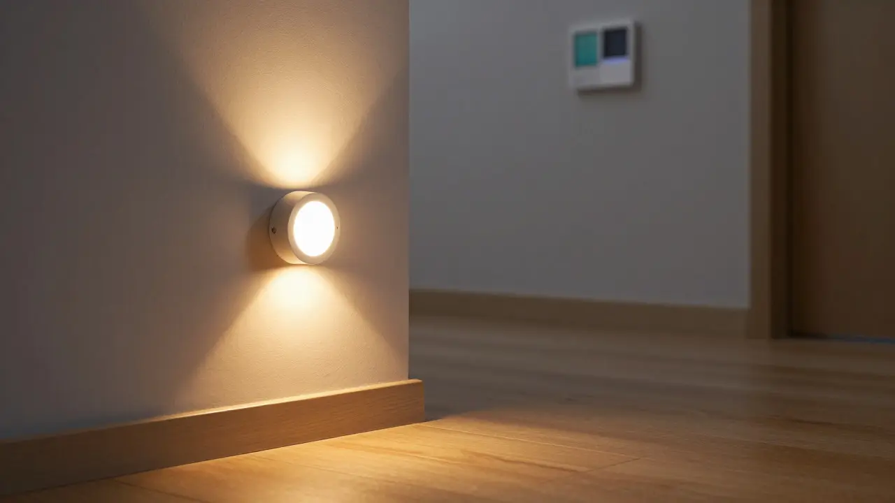 Bewegungssensor-Licht leuchtet einen Flur auf und zeigt Smart-Home-Thermostat
