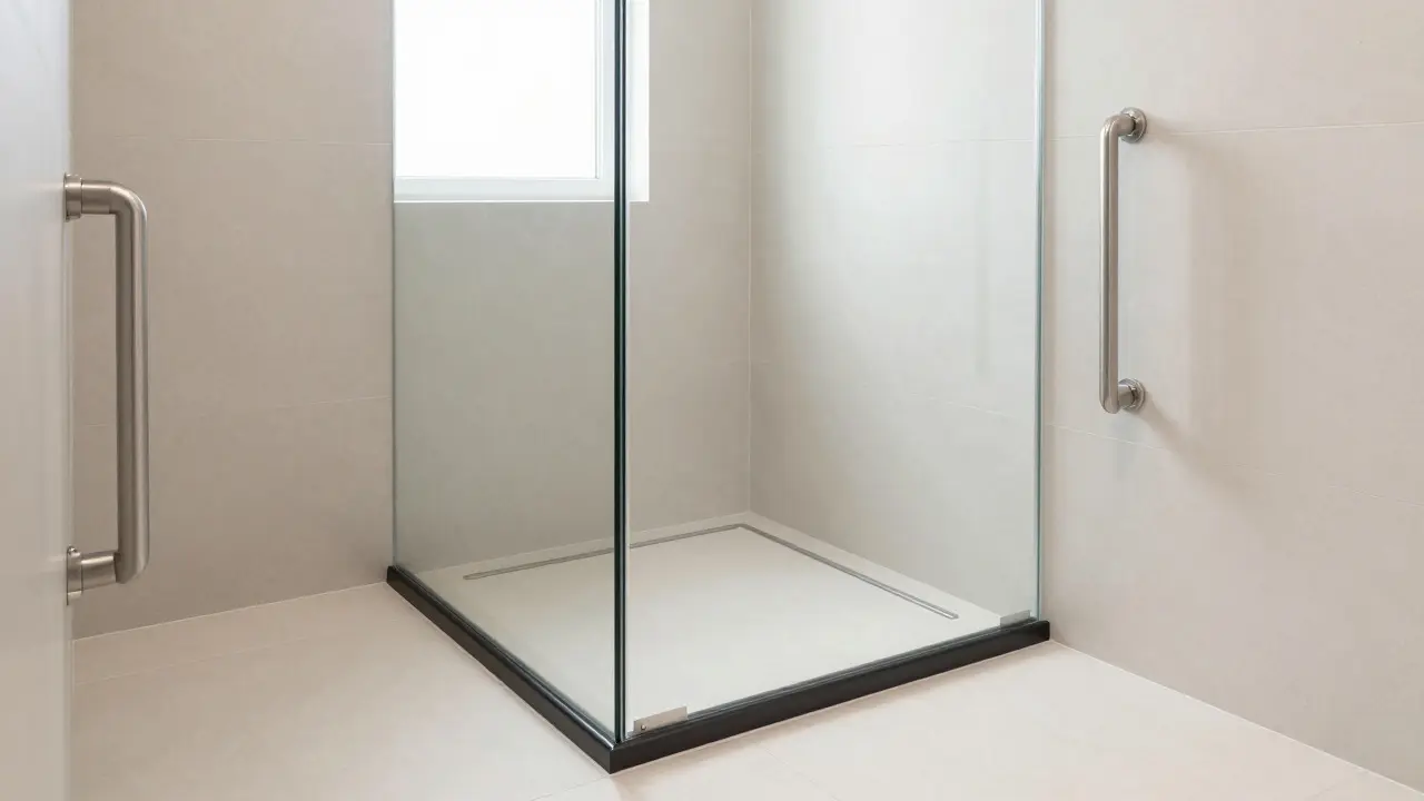 Bodengleiche Dusche mit Glasfront und Haltegriffen im modernen Bad