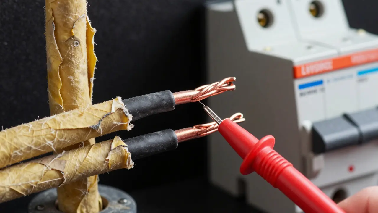 Detailaufnahme: Verfallene Isolierung neben neuer Kupferkabelinstallation