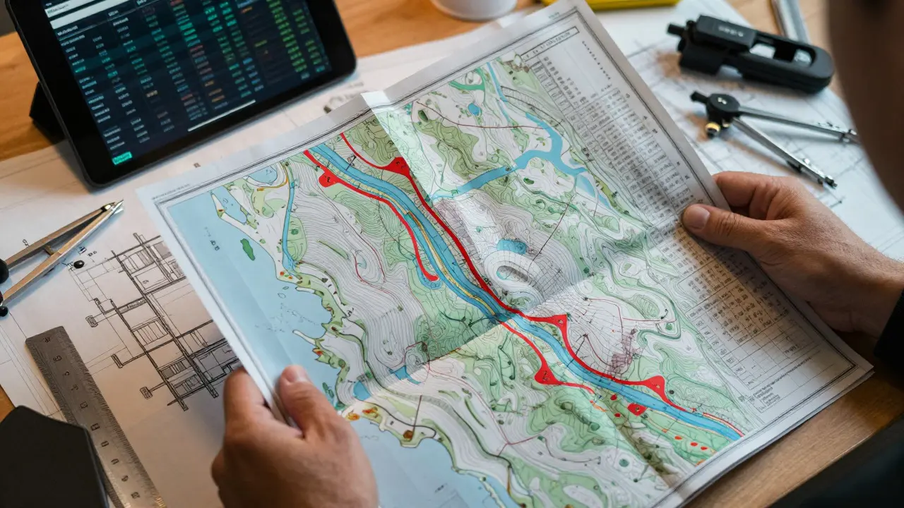 Engineer reviewing topographical maps and hydrological data for a building project