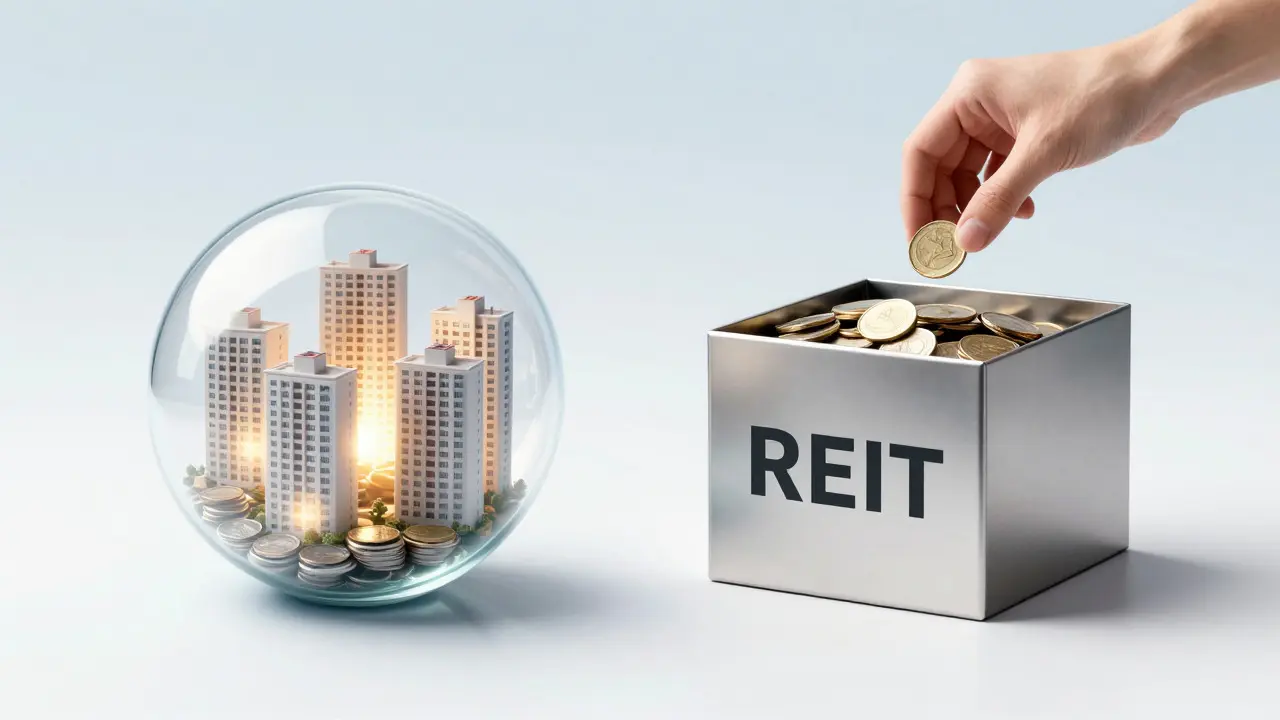 Glass sphere and steel box concept showing fund versus REIT structure