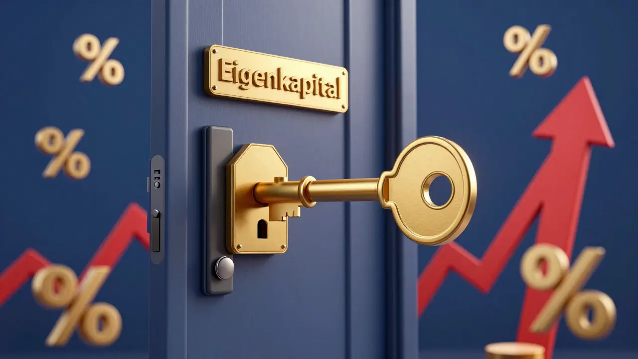 Goldener Schlüssel als Metapher für Eigenkapital vor einer Haustür