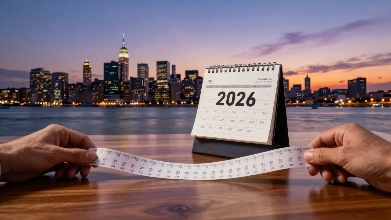 Hände halten eine Börsennotiz vor einem Stadtbild bei Sonnenuntergang mit Kalenderseite 2026
