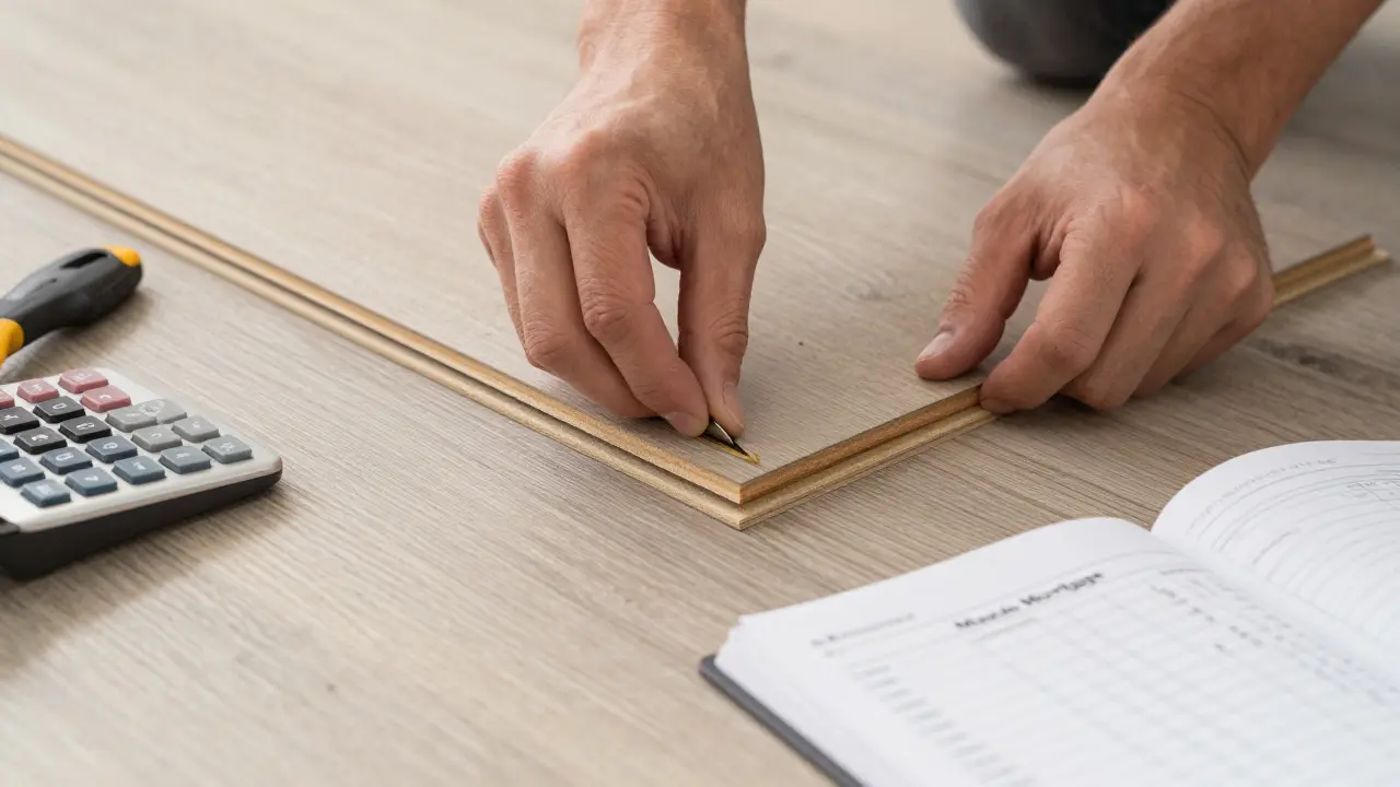 Hände verlegen Laminatboden mit Kalkulationsnotizen