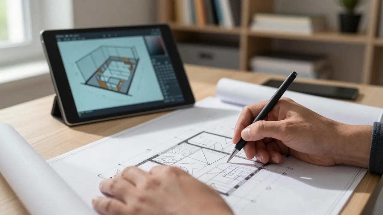 Hands reviewing detailed basement renovation blueprints