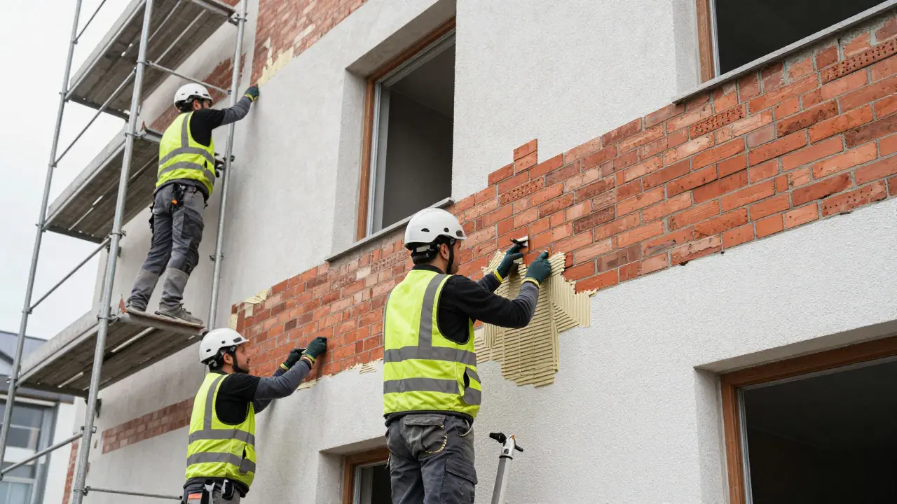 Handwerker installieren dünne Backsteinverblender auf einem Haus mit Gerüst