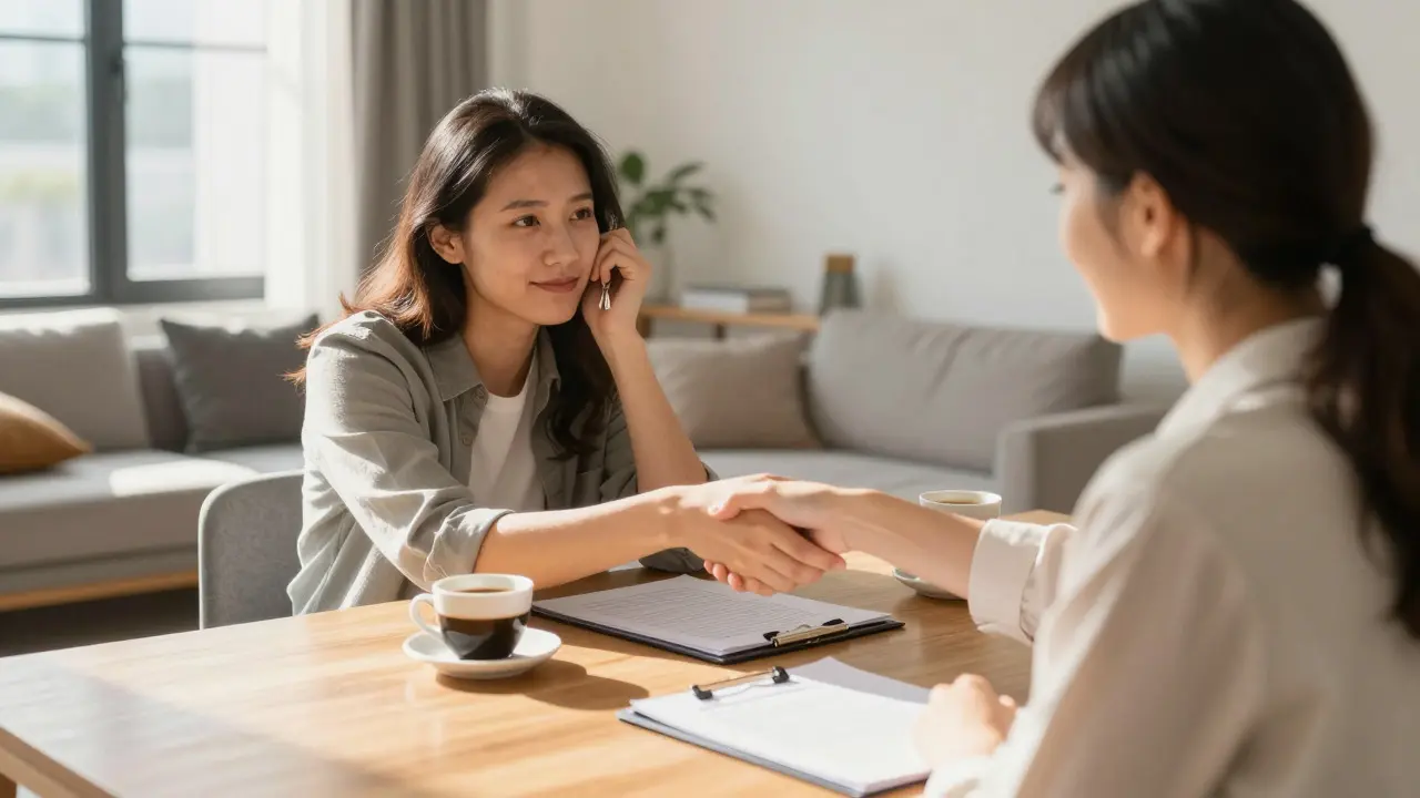 Happy couple closing a real estate deal with a professional at a dining table