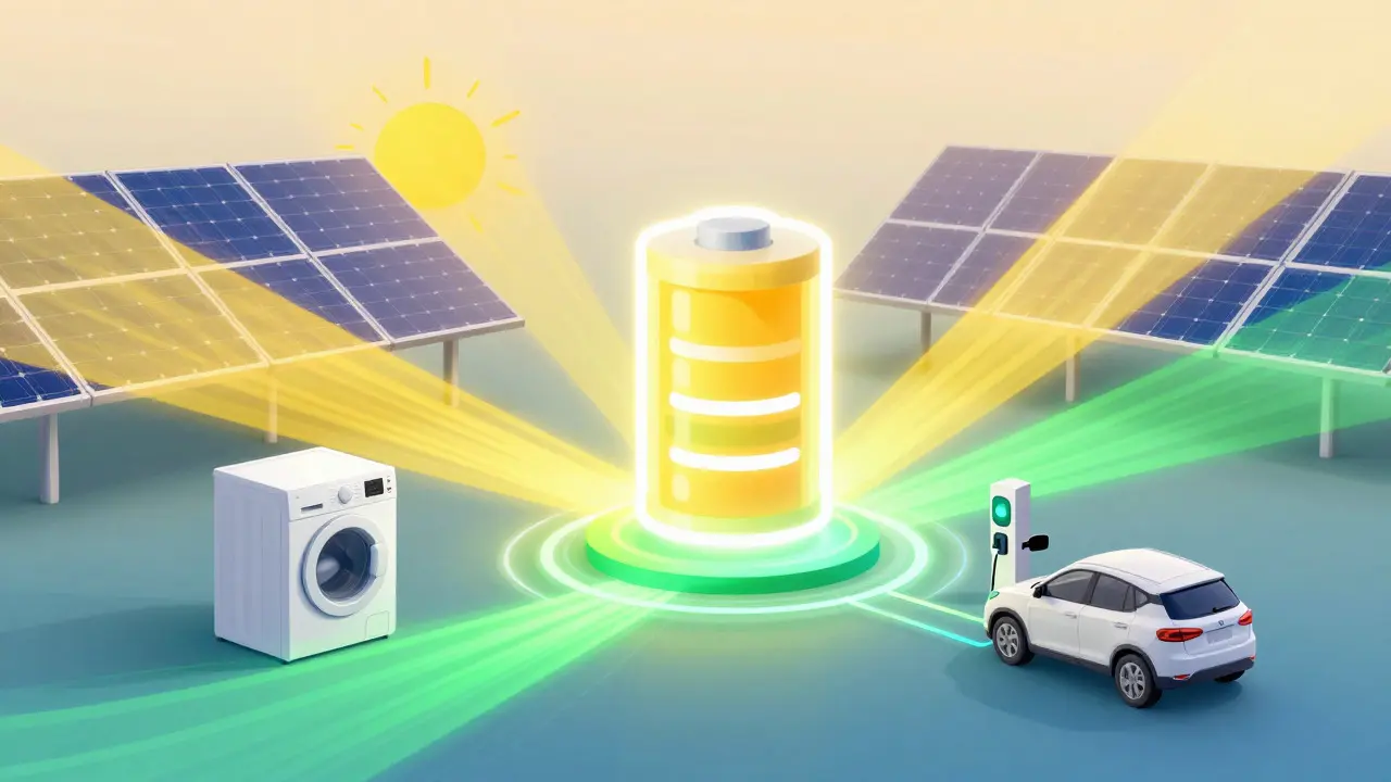 Illustration of a battery storing solar energy for home appliances