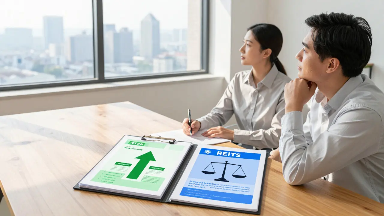 Investor comparing financial documents in a bright home office overlooking a city