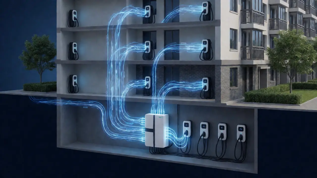 Konzeptdarstellung des intelligenten Lastmanagements in einer Wohnanlage
