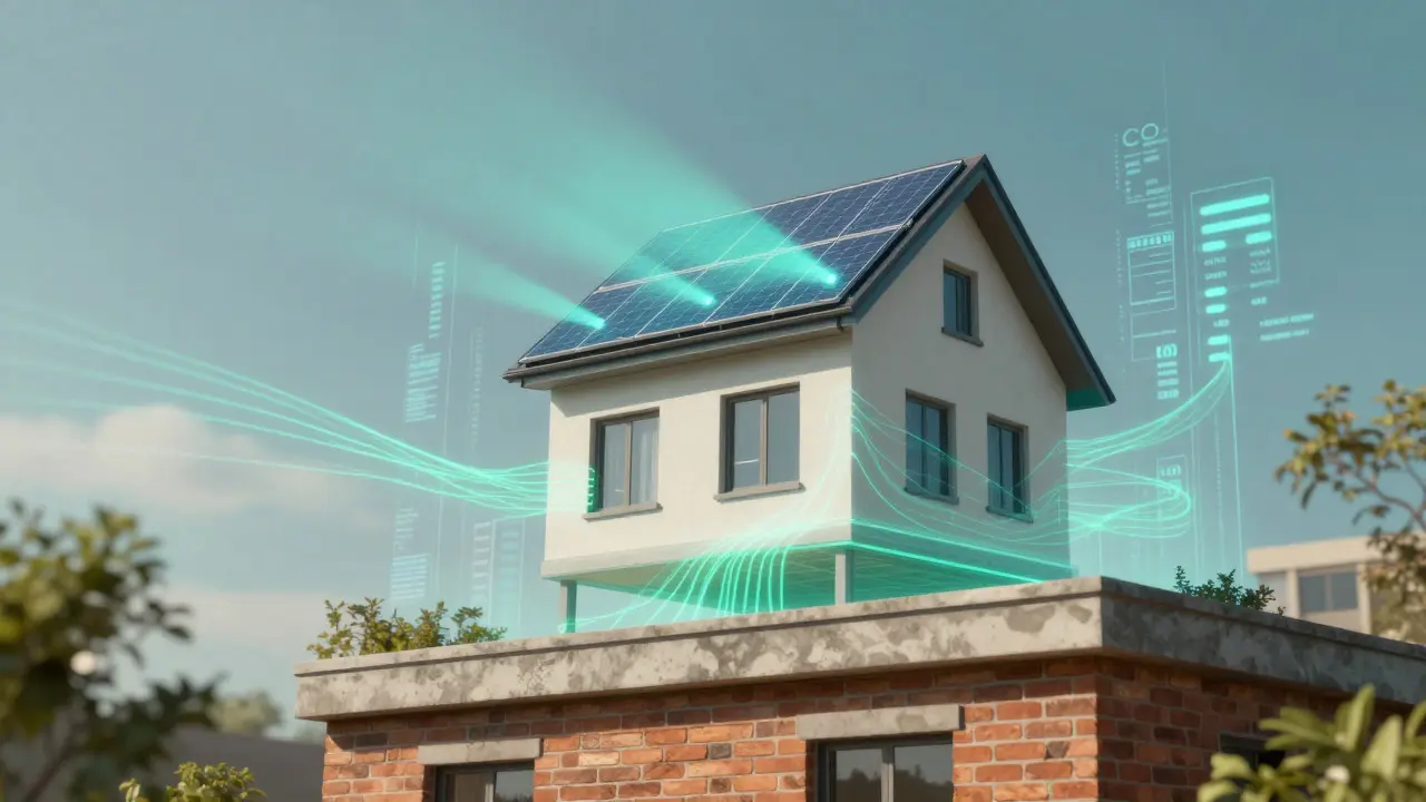Konzeptionelle Darstellung eines Hauses mit holografischen Energie- und Solarpanelen