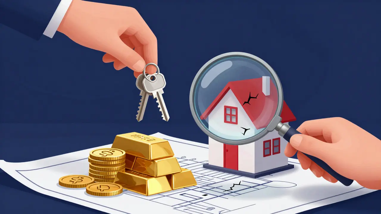Konzeptionelle Darstellung von Immobilienbewertung und Risikoprüfung mit Lupe