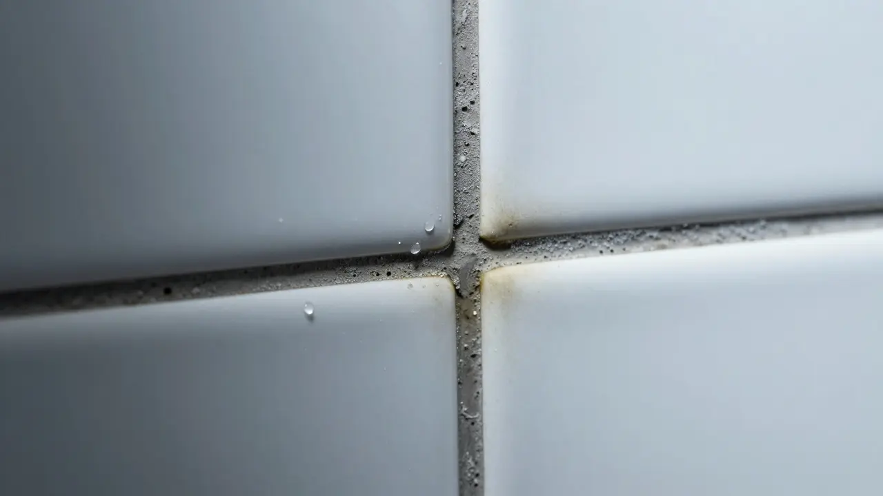 Makroaufnahme von Fugenmasse, die Schimmelbildung und Wasserabweisung zeigt