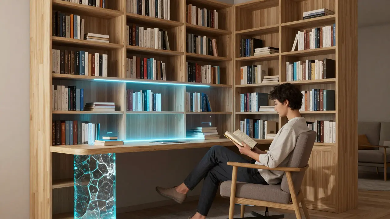 Moderne Hybrid-Möbelkombination aus Schreibtisch und Regal mit dezenten smarten Lichtelementen