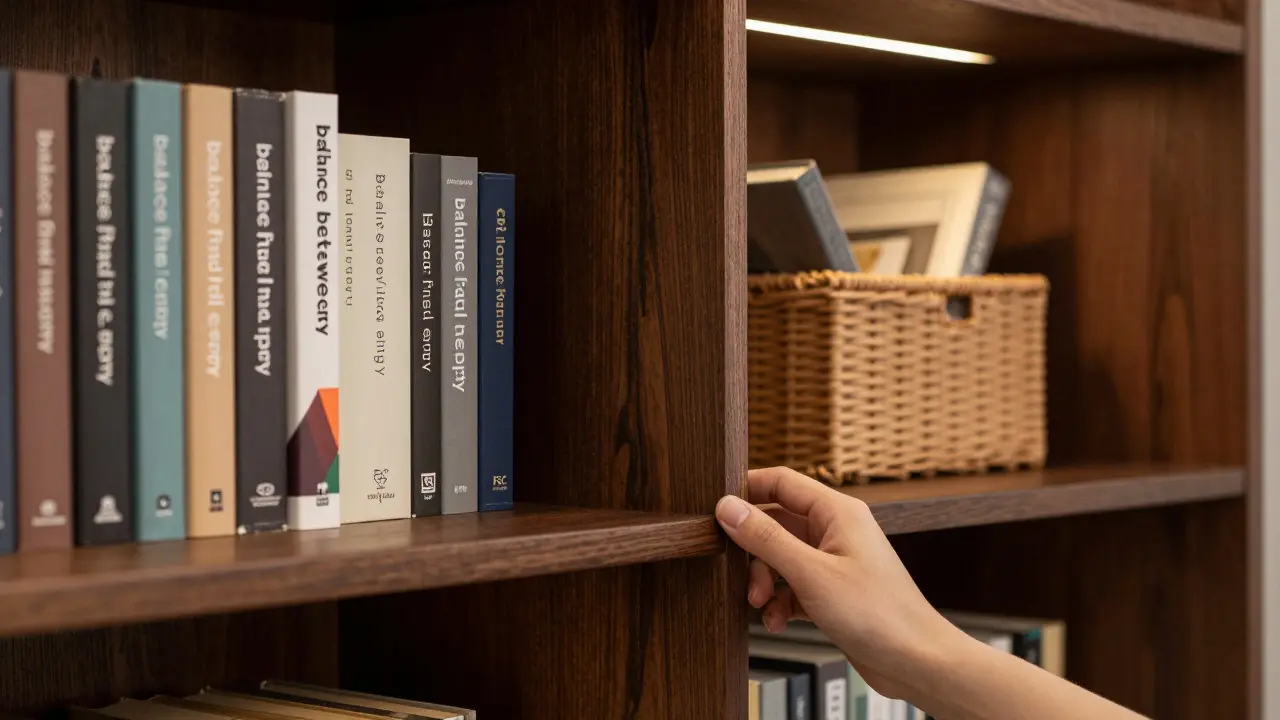 Nahaufnahme eines dunklen Eichenholzbücherregals mit geordnetem Buchbestand und gemütlicher Beleuchtung