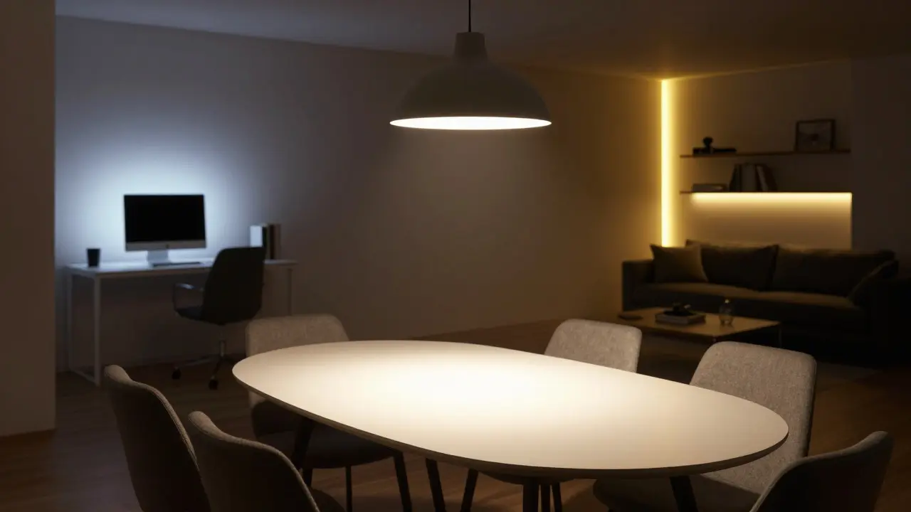 Pendelleuchte erstellt visuelle Grenze für Essbereich