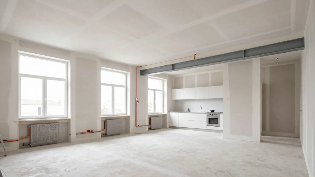 Renovierungsphase: Trockenbau mit sichtbaren neuen Leitungen im Altbau