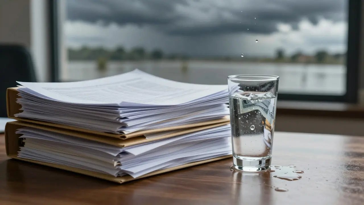 Stack of documents next to an overflowing glass of water, symbolizing high costs