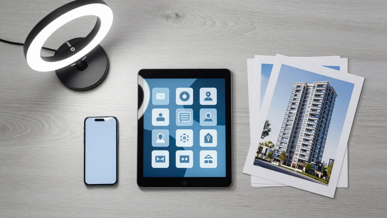 Tablet und Smartphone mit Immobilienfotos auf Schreibtisch