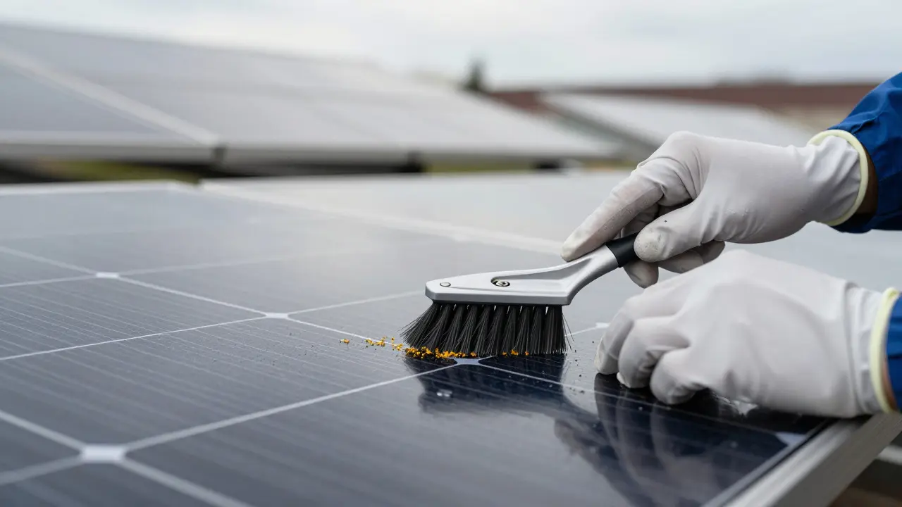 Technician cleaning dust off a solar panel with a brush and water
