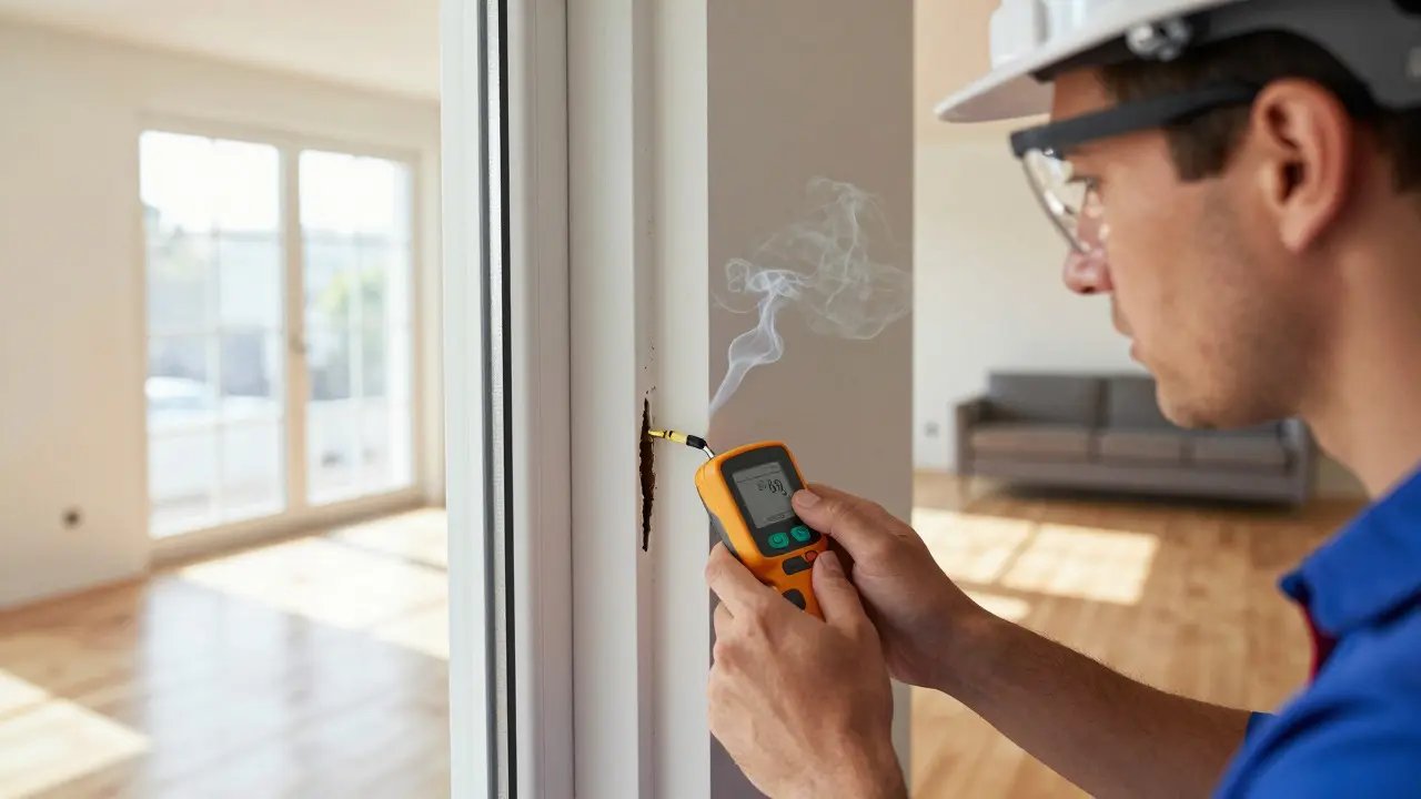 Technician detecting air leaks with a smoke pencil inside a renovated room