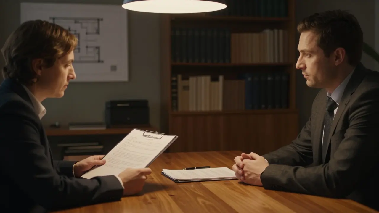 Two people discussing documents at a table during a mediation