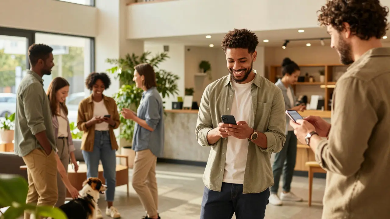 Zufriedene Mieter nutzen eine App und interagieren im modernen Gebäude