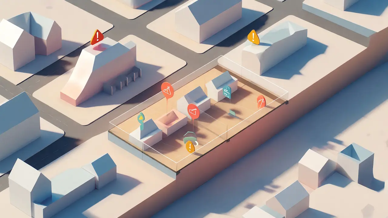 3D-Illustration eines idealen Grundstücks im Vergleich zu unregelmäßigen Nachbarparzellen