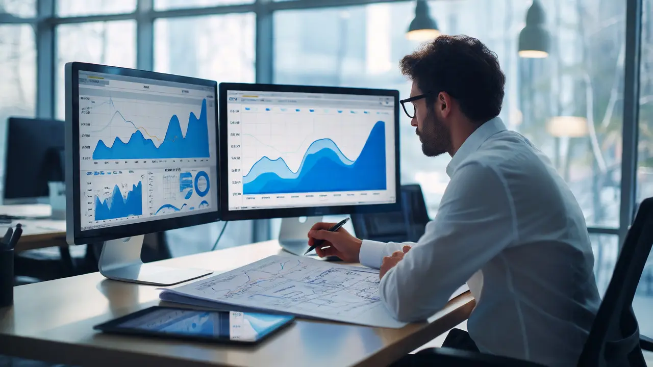 Architekt analysiert Kostenkurven auf Monitoren zur Budgetkontrolle