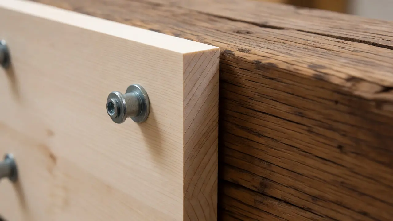 Detailaufnahme einer mit Schichtholzplatte verstärkten Holzdecke