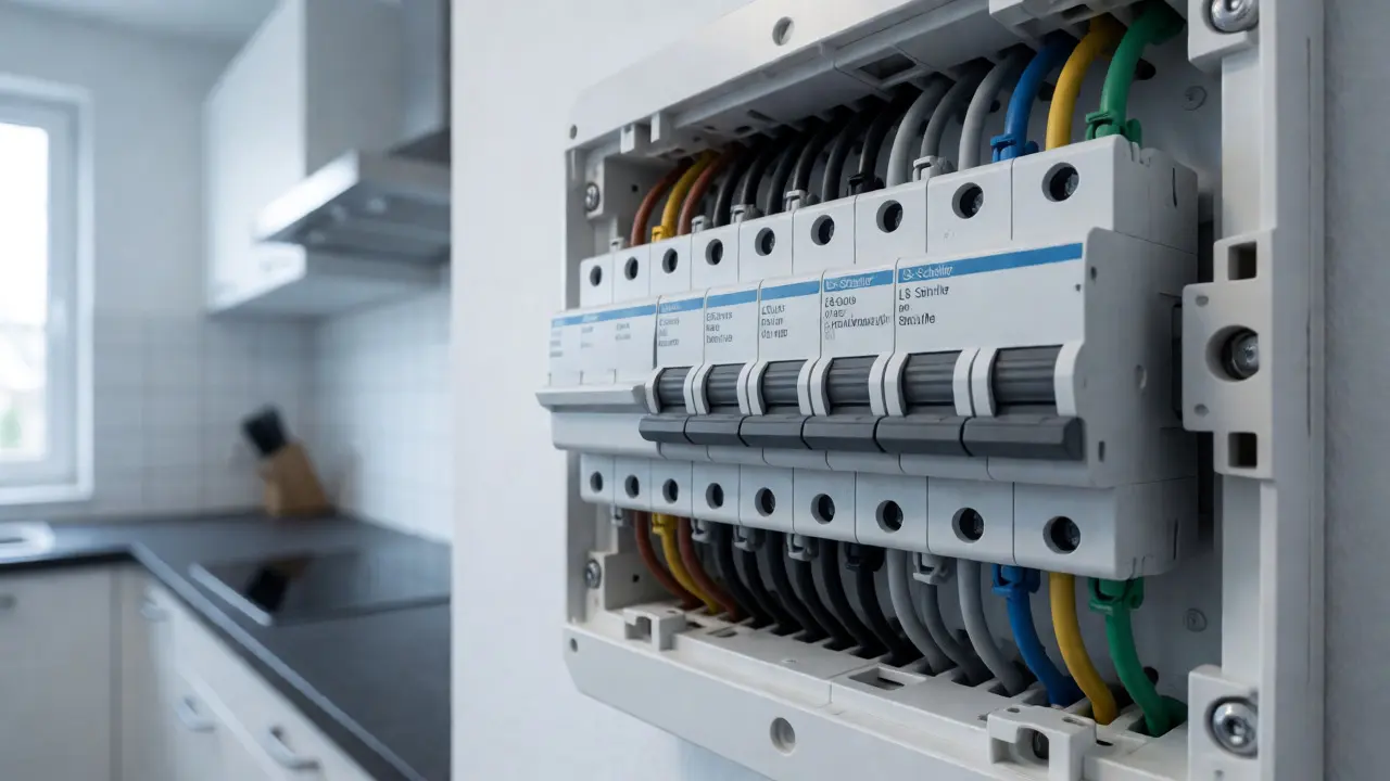 Detailaufnahme eines Sicherungskastens mit getrennten Stromkreisen für Küchengeräte