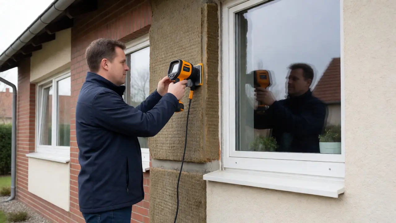 Energieberater inspiziert die Fassade eines Einfamilienhauses.
