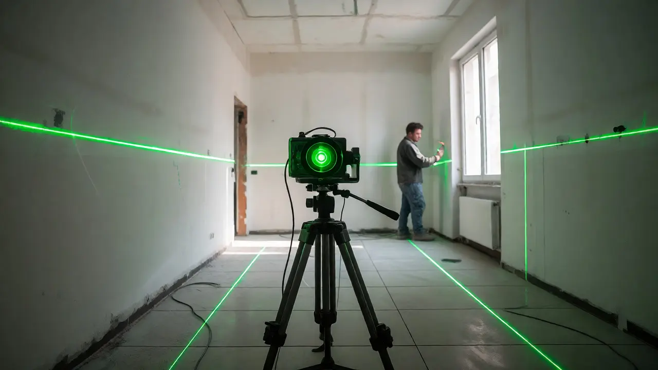 Grüner Laser-Nivellierer projiziert eine Linie über einen großen Raum beim Fliesenlegen.
