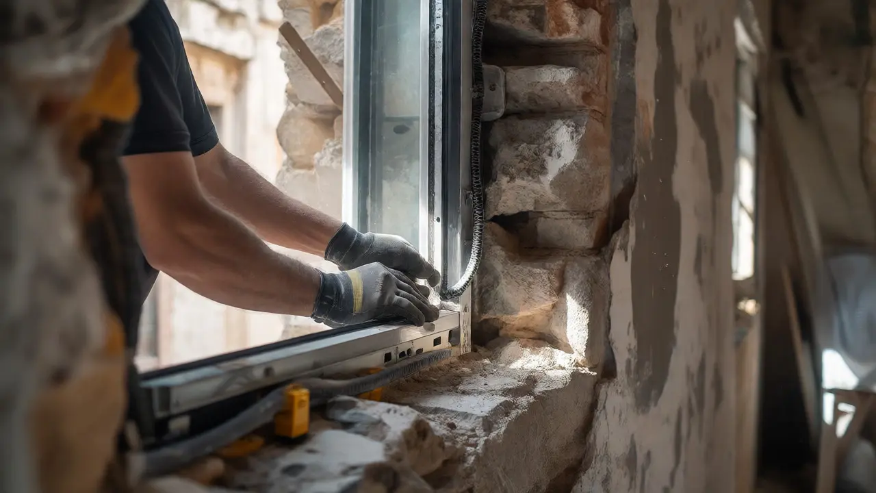 Handwerker montiert Fenster in unebener Altbau-Maueröffnung