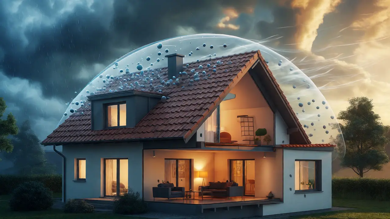 Haus unter Schutzschild gegen Sturm und Hagel