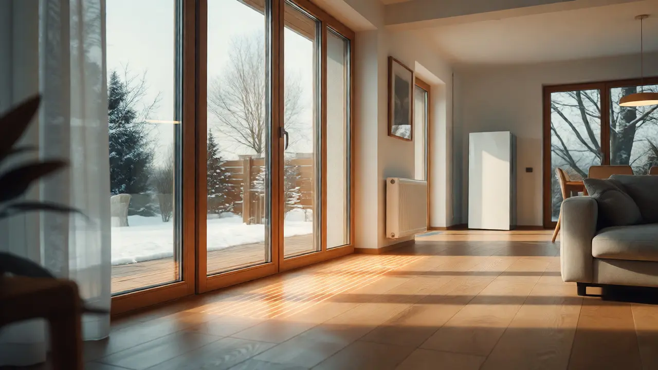 Heller, renovierter Wohnraum mit großen Fenstern und sichtbarer Wärmepumpe im Hintergrund.