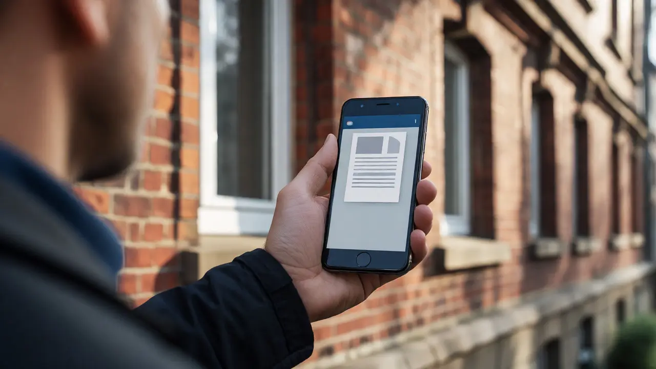 Immobilienverwalter nutzt Smartphone-App zur Einsicht in Dokumente vor einem Wohngebäude.